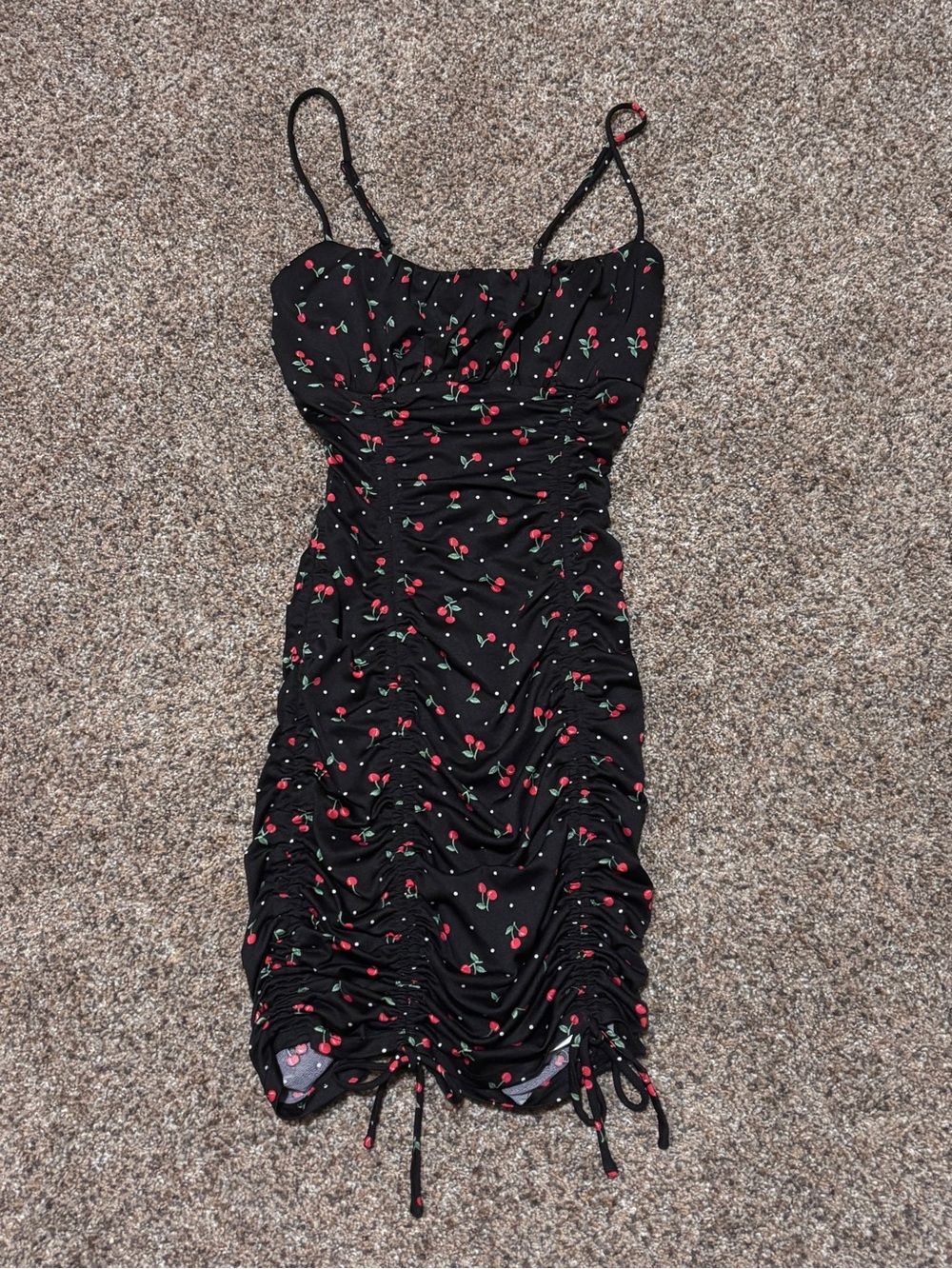 Black Cherry Print Ruched Slip Dress
